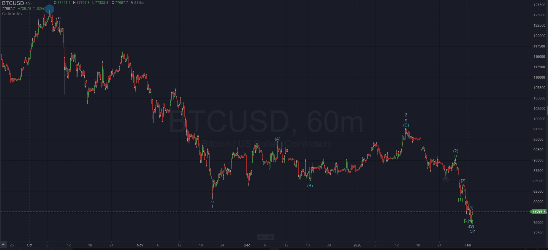Bitcoin hourly wave count chart February 2026