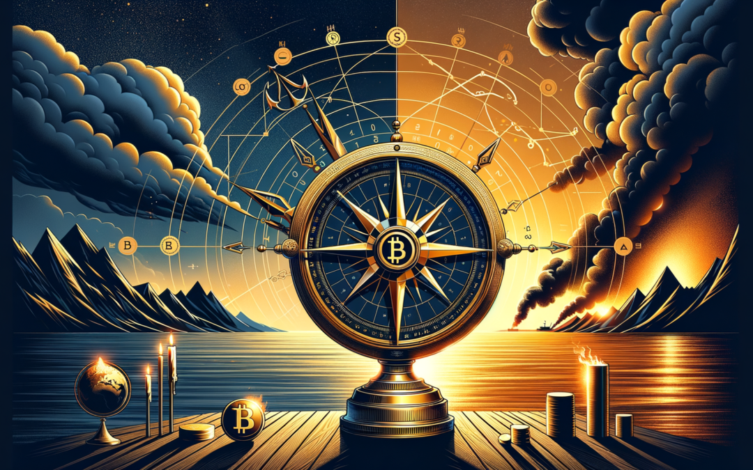 Golden compass with Bitcoin symbol and Gann geometric lines, split horizon between calm markets and geopolitical storm
